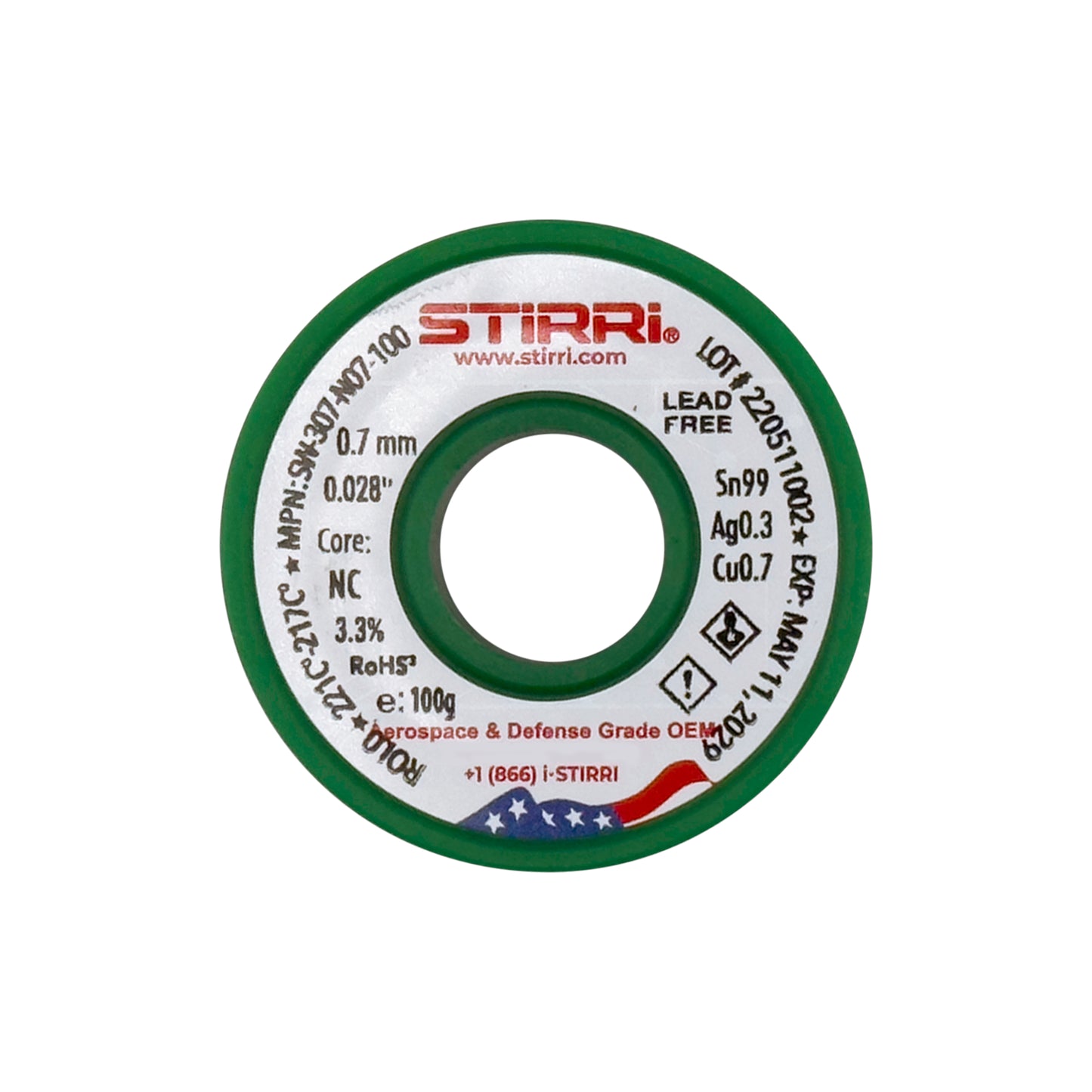 LF-307 - Sn99Ag0.3Cu0.7 lead-free solder wire NC-core ROL0 - 100g spool